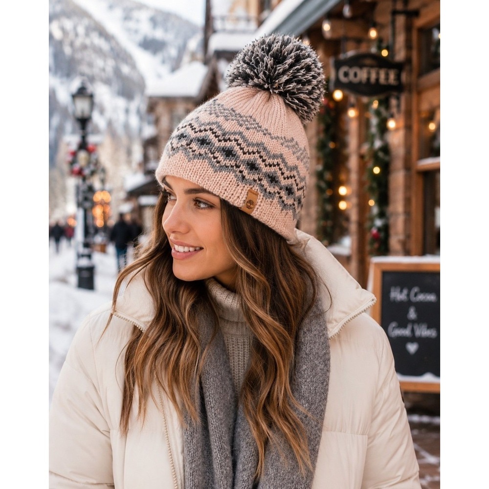Timberland Pink Fair Isle Pom Beanie Hat Fleece Lined One Size Winter